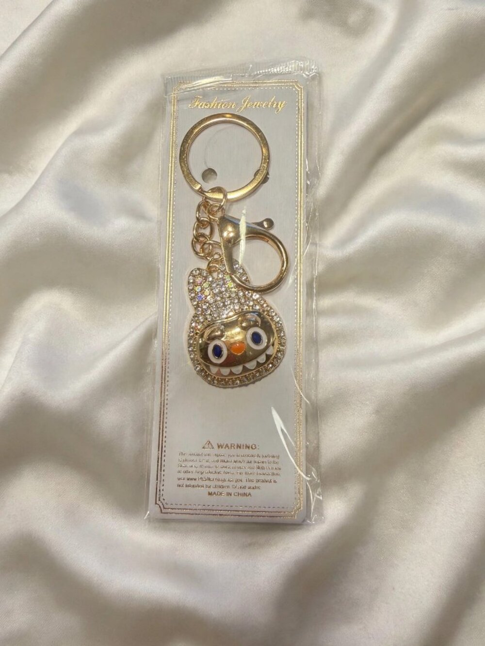 Clear Crystal Rhinestone Monster Face Bag Charm Keychain with Lobster Clasp - Sp